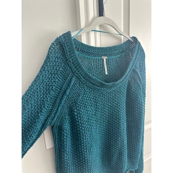 Free People Chunky Knit Wide-Neck Pullover Sweater Size: Small Color: Teal - Picture 3 of 10